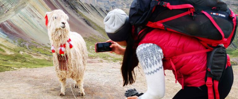 Teczowe Gory Palccoyo trekking Cusco alpaka turysta